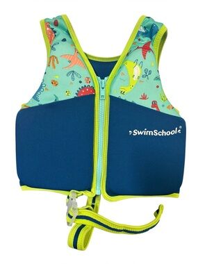 Swim School Kids Blue Teal Dino Swim Vest Front-Zip Safety Float 2-4 Years 33lbs